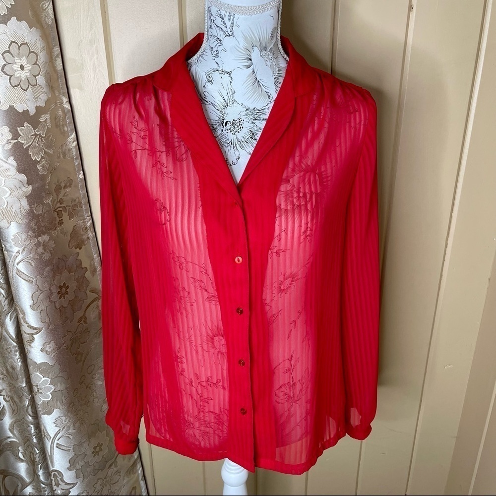 Vintage Puccini Red Sheer Stripe Button Front Blouse Size Medium Button Down